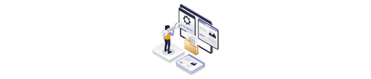 Illustration of a person interacting with large computer screens and documents, symbolizing digital content management or file organization.