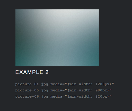 An image example demonstrating how to utilize and print lazy loaded images with different media width attributes: 1280px (picture-04.jpg), 980px (picture-05.jpg), and 320px (picture-06.jpg).