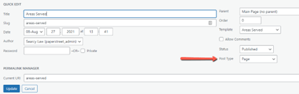 Screenshot of a WordPress Quick Edit interface showing fields for Title, Date, Author, Password, Status, and Post Type, with a red arrow pointing to the Post Type dropdown set to "Page.