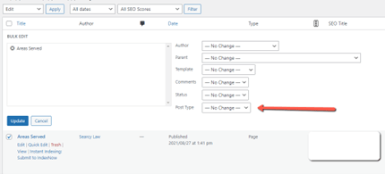 Screenshot of a website backend bulk edit screen showing various dropdown menus for author, parent, template, comments, status, and post type, with an "Update" button below.