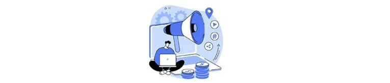 Illustration of a person using a laptop, sitting next to a large megaphone with social media icons, and a stack of coins, symbolizing digital marketing and online promotion.