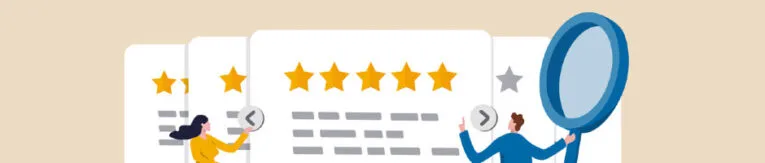 Illustration of people using magnifying glasses to review and rate with stars on large review cards.