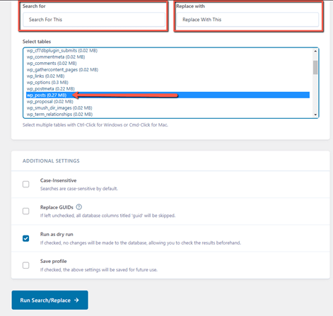 Screenshot of a database management interface showing fields for search and replace terms, a list of selectable database tables, and settings for case insensitivity, GUID replacement, and dry run options.