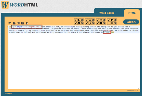 Screenshot of the WORDHTML HTML Word Editor. The text editor contains a sample text with HTML tags. The toolbar has options for editing and cleaning the HTML code, highlighted areas show sample text.