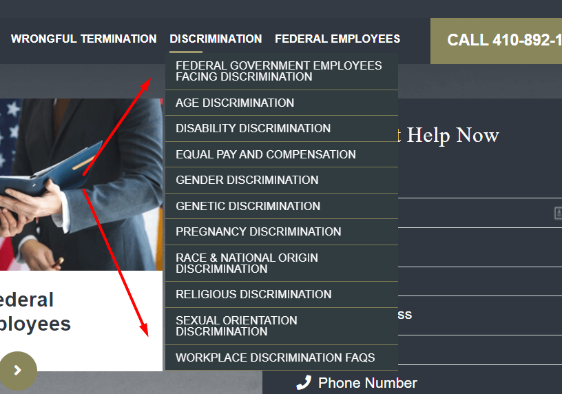 A dropdown menu lists categories of workplace discrimination including age, gender, and racial discrimination. A person in a suit holding documents is partially visible on the left.
