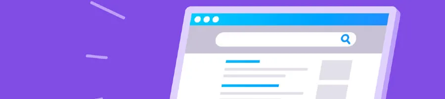 Illustration of a web browser window with a search bar and search results on a purple background.