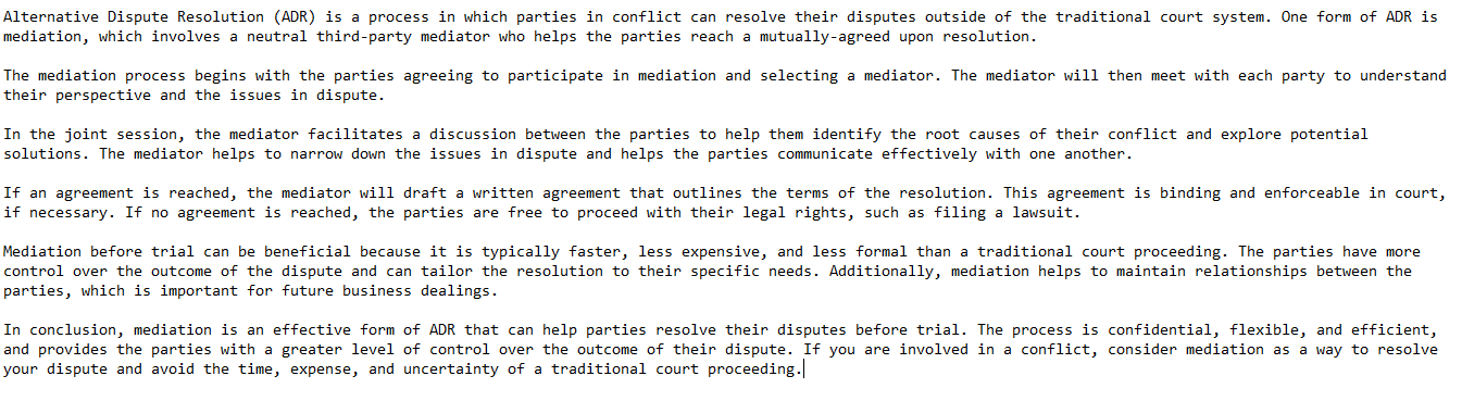 Image of a text document describing Alternative Dispute Resolution (ADR), its mediation process, advantages, and confidentiality aspects. The text details how mediation helps resolve disputes outside of court.