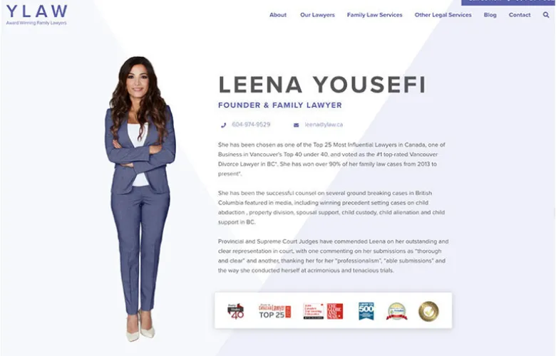 Image of a professional website profile for Leena Yousefi, a family lawyer and founder of YLAW. The profile highlights her contact information, accomplishments, and various awards, showcasing the anatomy of the perfect attorney biography design.