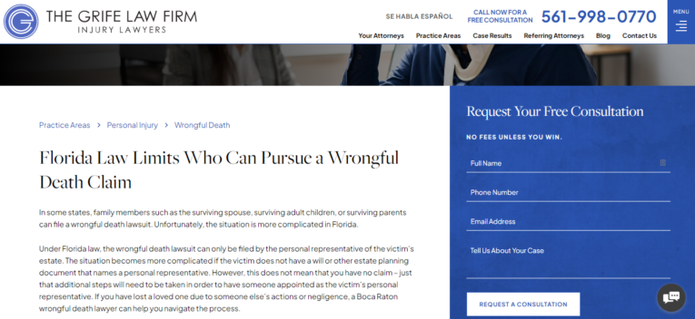 Screenshot of a webpage from The Grife Law Firm discussing Florida law on wrongful death claims, with a sidebar form for requesting a free consultation. The headline reads, "Florida Law Limits Who Can Pursue a Wrongful Death Claim.