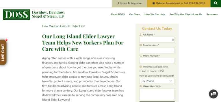 Website screenshot for the law firm "Davidow, Davidow, Siegel & Stern, LLP" offering elder law services for New Yorkers, including a contact form for inquiries and various ways to reach their office.