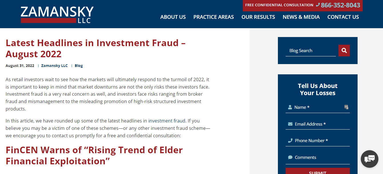 Screenshot of a blog page titled "Latest Headlines in Investment Fraud – August 2022" by Zamansky LLC. The page highlights a warning from FinCEN about the "Rising Trend of Elder Financial Exploitation.