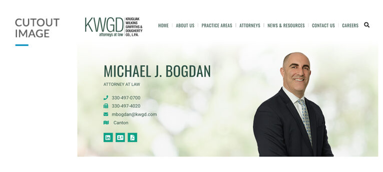 Image of a professional website banner for KWGD law firm featuring attorney Michael J. Bogdan. He is smiling, wearing a suit and tie, embodying the anatomy of the perfect attorney biography design, with contact information and social media icons displayed.