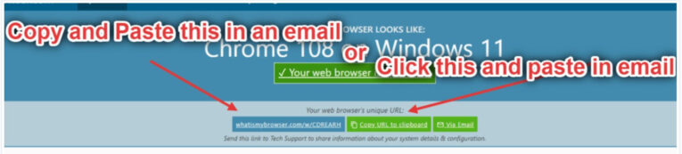 A screenshot instructing to copy and paste a link in an email or click a button to paste it in an email. Two options are highlighted: "webbrowser.luminpdf.com/VDC9LAM" and "Click here to paste in email.