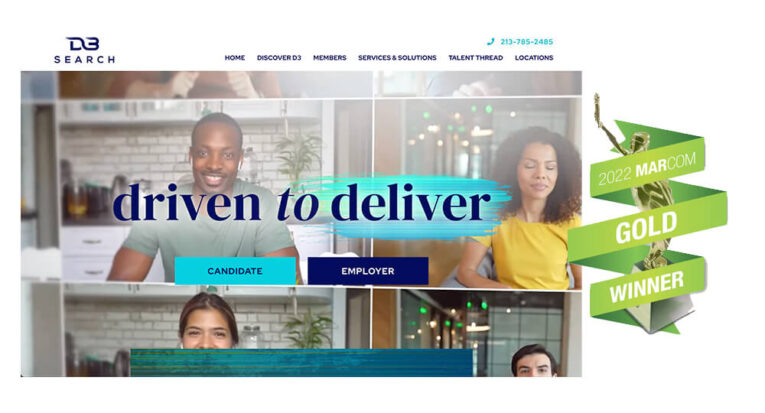 A recruitment company homepage displaying a "Driven to Deliver" banner, with video call images of diverse professionals. Text highlights their MarCom 2022 Gold Winner award.