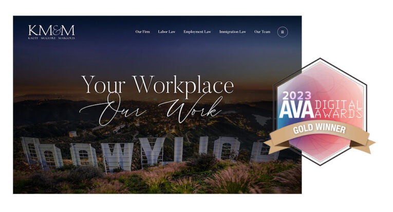 Screenshot of a law firm's website homepage showing a night view of the Hollywood sign with the slogan "Your Workplace, Our Work" and a "2023 AVA Digital Awards Gold Winner" badge on the right.