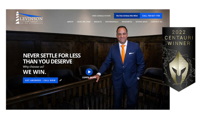 A man in an orange tie and blue suit stands in a courtroom. The website banner reads "Levinson Law Group" with a slogan "Never settle for less than you deserve. We win." A 2022 Centauri Winner badge is displayed.