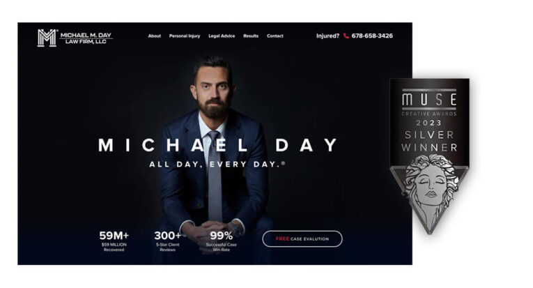 A screenshot of Michael M. Day Law Firm's website featuring Michael Day, emphasizing their success and awards. A Muse Creative Awards 2023 Silver Winner badge is displayed on the right.