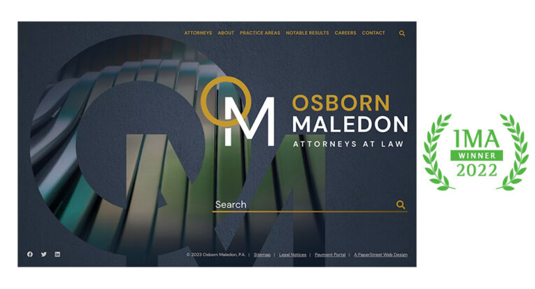 Screenshot of the Osborn Maledon law firm website with the IMA Winner 2022 logo on the right side. The website features a search bar and navigation menu for attorneys, practice areas, and contact information.