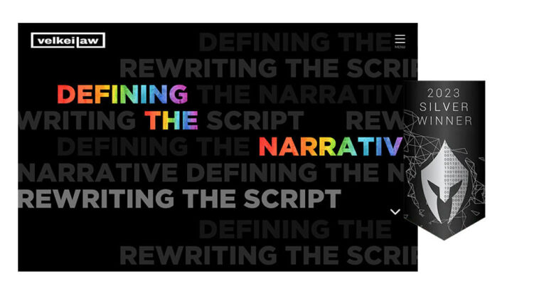 A graphic with "Defining the Narrative" in colorful text on a black background, overlaid with repeating "Rewriting the Script." A badge on the right reads "2023 Silver Winner.