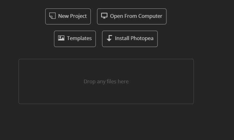 Screenshot of the Photopea interface featuring buttons for 'New Project,' 'Open From Computer,' 'Templates,' and 'Install Photopea,' along with a drag-and-drop area for files, showcasing an excellent alternative to Photoshop for scaling images.