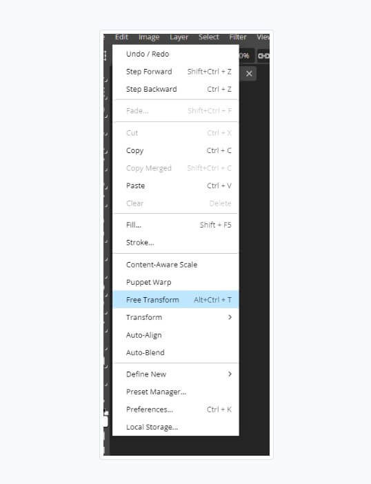A screenshot of a software menu with various editing options such as Undo, Step Forward, Step Backward, Cut, Copy, Paste, and features like Free Transform highlighted with a shortcut Alt+Ctrl+T. Curious about alternatives to Photoshop for scaling images? This tool simplifies your tasks.