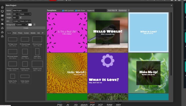 A computer screen displays a design software interface with six colorful templates featuring different inspirational messages. Options for creating a new project are visible on the left sidebar, making you wonder: What is an alternative to Photoshop for scaling images?