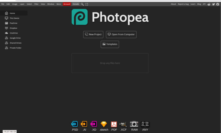 Screenshot of the Photopea interface. The sidebar shows file sources like Device, Photopea, Dropbox, and Google Drive. Central options include New Project, Open from Computer, and Templates. What is an alternative to Photoshop for scaling images? Look no further than Photopea!