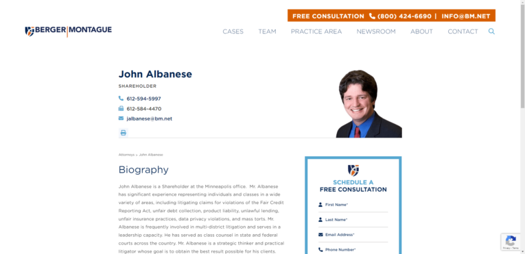 A professional profile webpage for John Albanese from Berger Montague, featuring his contact information, headshot, and a brief biography in line with Top Attorney Bio Trends for 2024. A free consultation form is on the right.