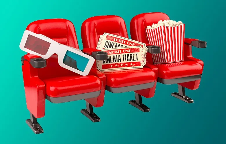 Three red cinema seats with 3D glasses, movie tickets, and a popcorn box on a teal background.