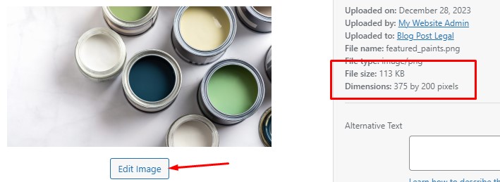 Several open paint cans in various colors are displayed on a white surface. On the right, detailed metadata about the image provides helpful information, such as file size, upload date, and dimensions, ensuring you know how to properly maintain image sizing on your website.