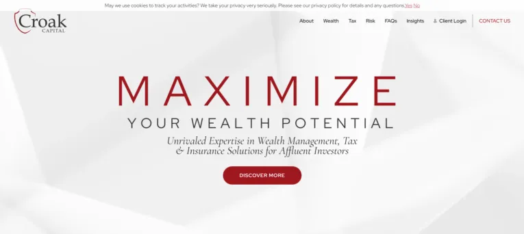 Website homepage of Croak Capital featuring a prominent slogan "Maximize Your Wealth Potential" and offering services in wealth management, tax, and insurance solutions for affluent investors.