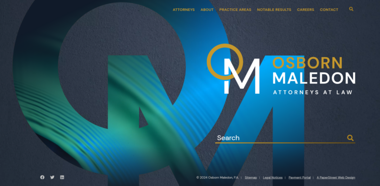 Website homepage for Osborn Maledon Attorneys at Law, featuring a search bar, navigation menu with sections for attorneys, practice areas, etc., and a background with the firm's logo.