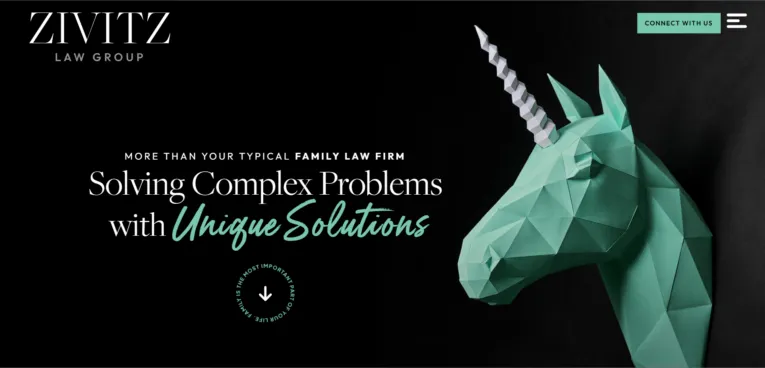 A law firm's website header featuring the name "Zivitz Law Group," a tagline about solving complex problems with unique solutions, and a green origami unicorn on a dark background.