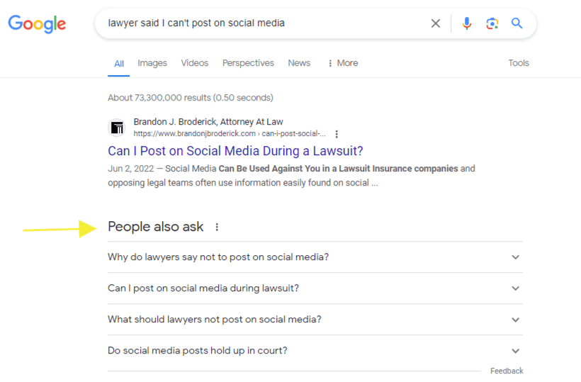 Google search results screenshot showing the query "lawyer said I can't post on social media." The highlighted result is a link from Brandon J. Broderick's law firm, discussing social media use during a lawsuit.