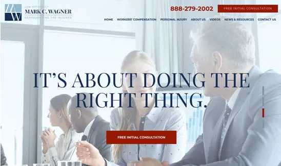 A business meeting with people discussing at a table. Overlay text: "It's about doing the right thing." The header includes the law firm name "Mark C. Wagner," contact number, and consultation details.