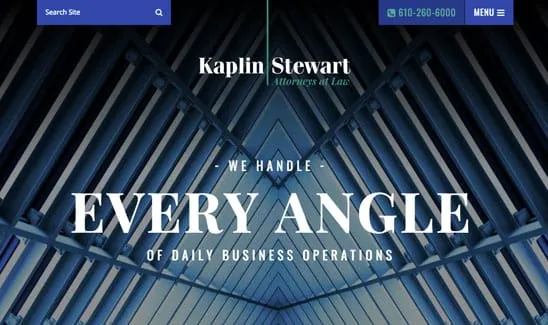 Website screenshot with the text "Kaplin Stewart Attorneys at Law" and a slogan "We handle every angle of daily business operations." The site features blue and metal architectural design elements.