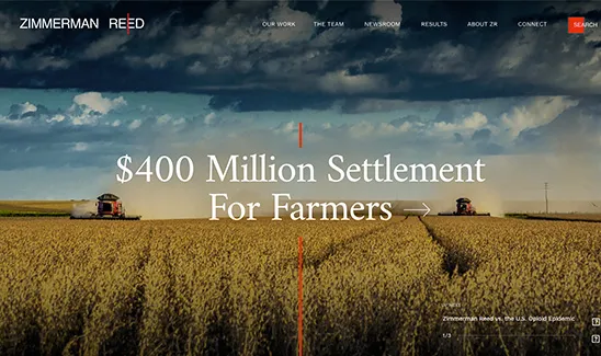 Image of a farm field with two tractors during sunset. Text overlay reads "$400 Million Settlement For Farmers." The image is from Zimmerman Reed law firm, as seen in the top left corner.
