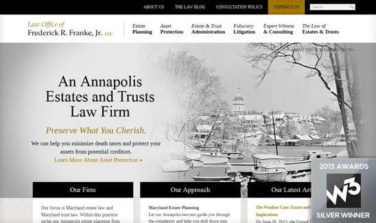 Screenshot of a law firm’s website. The header displays the firm's name and navigation menu. Central text promotes estate and trust law services. A "2013 W3 Silver Winner" badge is in the lower right.