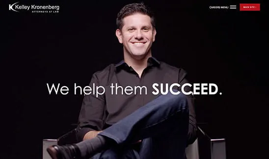 Man sitting with legs crossed, smiling. Text reads "We help them SUCCEED." Header shows "Kelley Kronenberg Attorneys At Law" with "Careers Menu" and "Main Site" options.