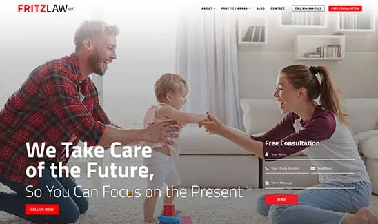 A man and woman smile and play with a child in a living room. The image features a consultation form for Fritz Law LLC, promoting their legal services with the caption: "We Take Care of the Future, So You Can Focus on the Present.
