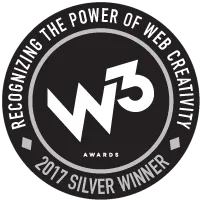 Black and white circular logo of the W3 Awards, with the text "Recognizing the Power of Web Creativity" around the edge and "2017 Silver Winner" at the bottom.