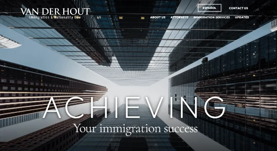 Website homepage of Van Der Hout Immigration & Nationality Law with the text "ACHIEVING Your immigration success" overlaid on an image of tall buildings and a clear sky, announcing: "Van Der Hout Launches New PaperStreet Law Firm Website.
