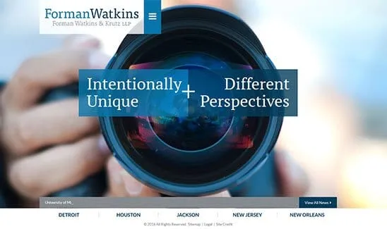 Image of a camera lens with the text "Intentionally Unique + Different Perspectives" overlaid. The Forman Watkins & Krutz LLP logo is at the top left, and there are city names below the photo.