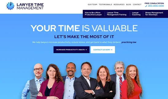 A group of seven professionally dressed individuals stand in a row under the header "Your Time Is Valuable" on the homepage of Lawyer Time Management website.