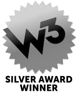 Logo of W3 Silver Award Winner with a silver circular badge featuring "W3" in bold black letters and the text "SILVER AWARD WINNER" below.