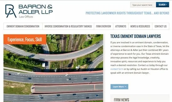 Screenshot of the Barron & Adler, LLP law offices website. The webpage highlights their expertise in eminent domain cases in Texas, with a background image of a highway and a sidebar for various services.