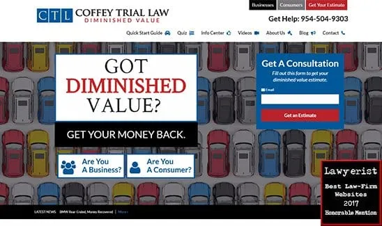 A screenshot of the Coffey Trial Law website. The main text reads: "Got Diminished Value? Get Your Money Back." There are options for businesses and consumers, a consultation form, and an award badge.