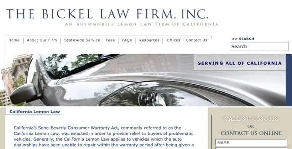 Screenshot of The Bickel Law Firm's website homepage, specializing in automobile lemon law in California. The page features a search bar, contact information, and various sections including "About" and "Services.