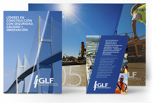 Promotional materials for GLF Construction Corporation featuring images of bridges, construction sites, and workers, highlighting leadership in construction with quality, safety, and innovation. Text in Spanish.