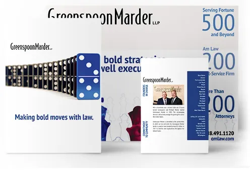 Promotional materials for Greenspoon Marder LLP featuring the slogan "Making bold moves with law," along with contact information and firm details.